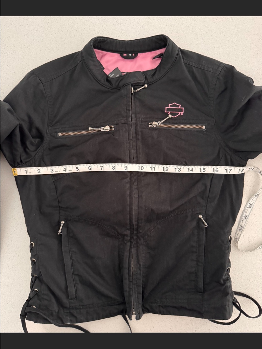 Harley-Davidson Black Cotton Side Lace Up Moto Jacket Pink Script Logo S - Picture 13 of 16
